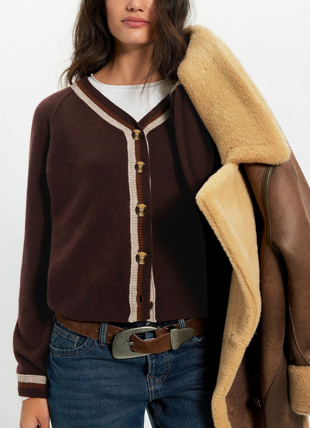 Color Block V Neck Button Front Knit Cardigan Sweater