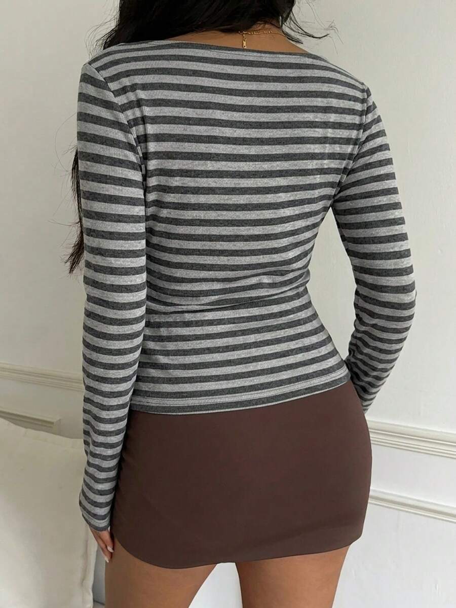 Striped Cotton Tee Casual Fitted Long Sleeve Trendy