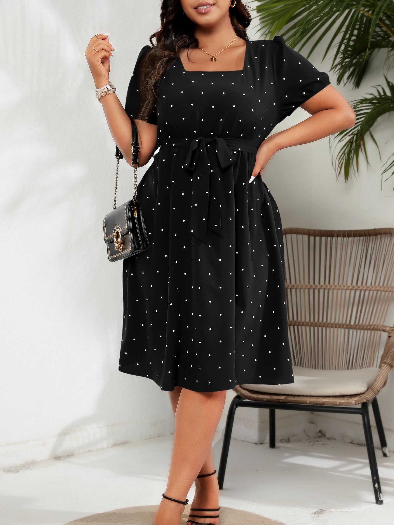 Plus Size Tie Waist Polka Dot Midi Dress