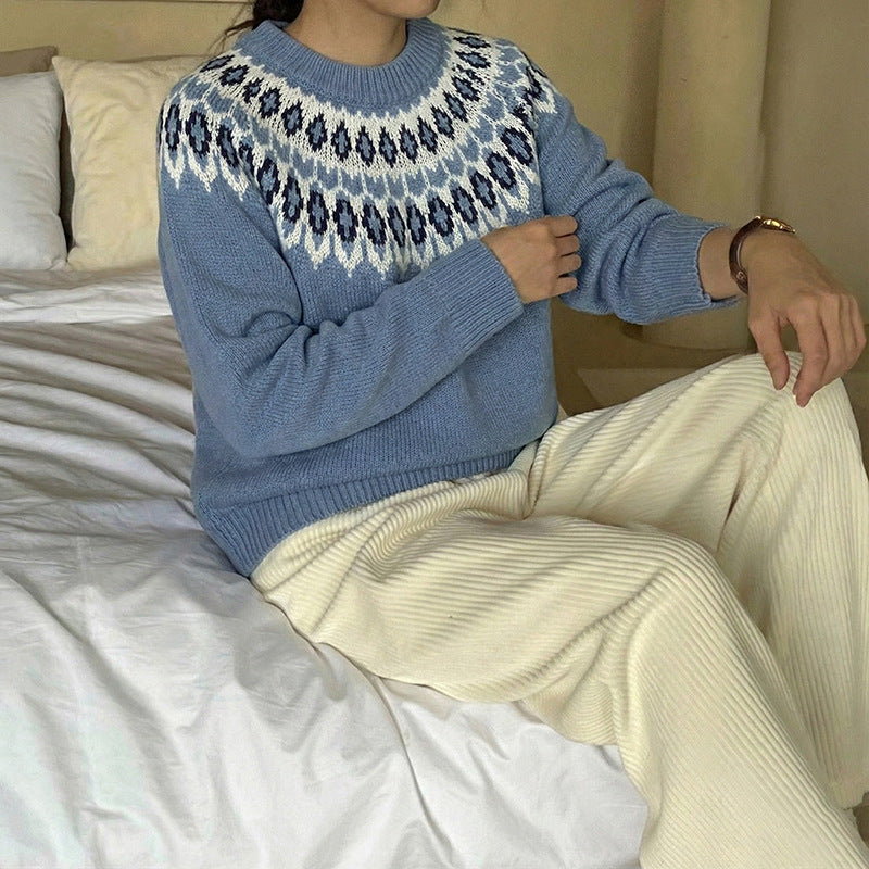 Women's Fair Isle Crew Neck Long Sleeve Knit Sweater