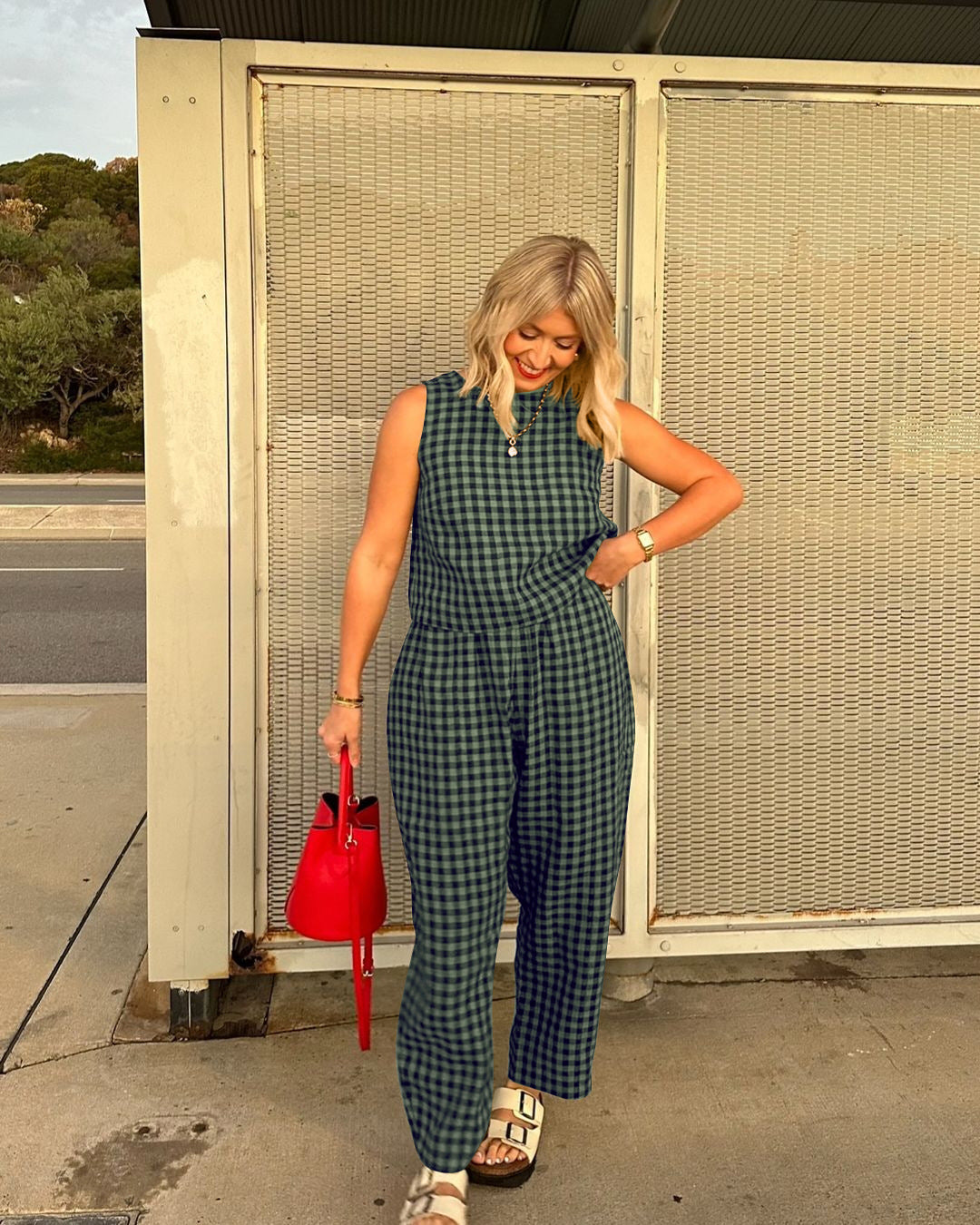 Women's Plaid Sleeveless Top & Pants Two Piece Set