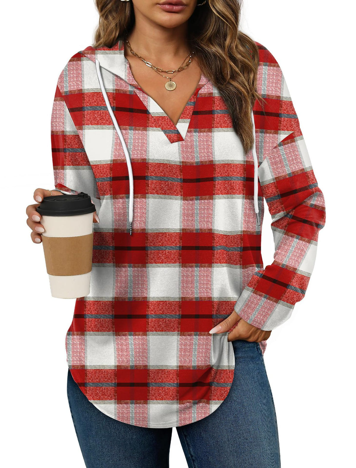 Women's Plaid V-Neck Fleece Hoodie Pullover