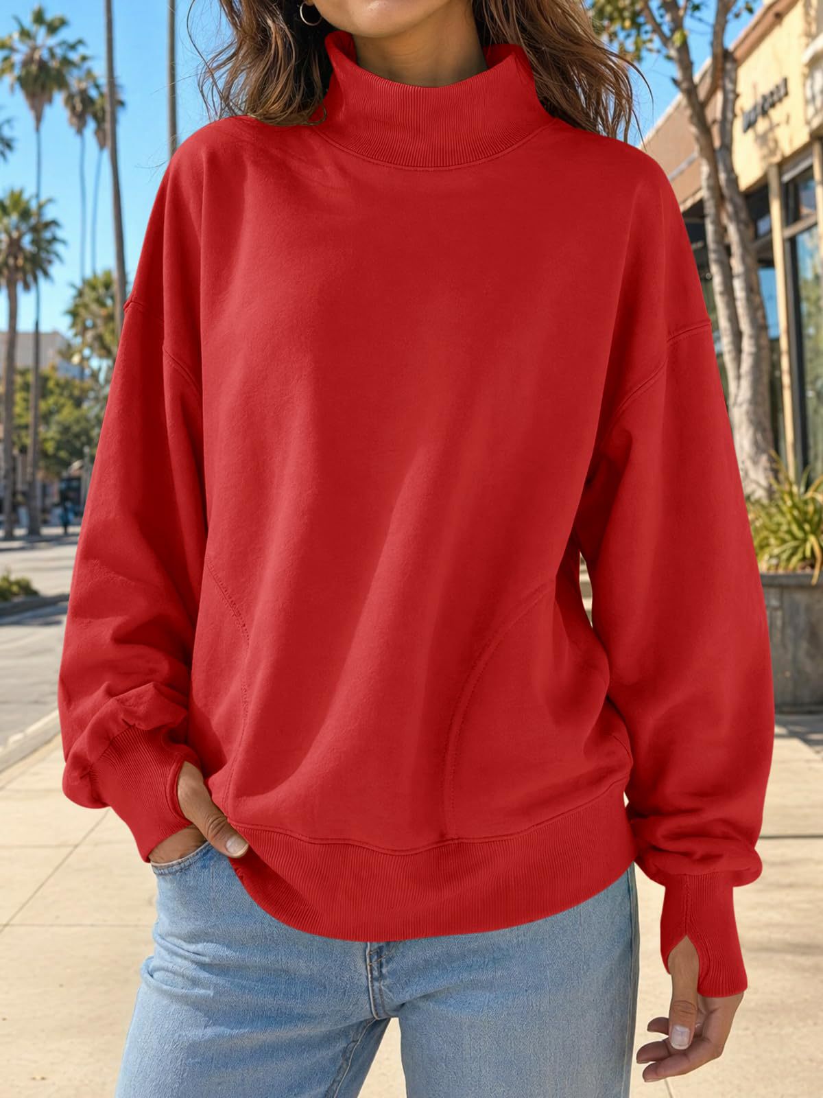 Mock Neck Oversized Womens Sweatshirt Solid Pullover Top