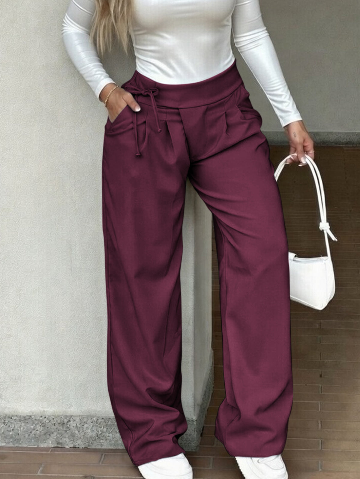 Women's High Waist Side Tie Wide Leg Dress Pants