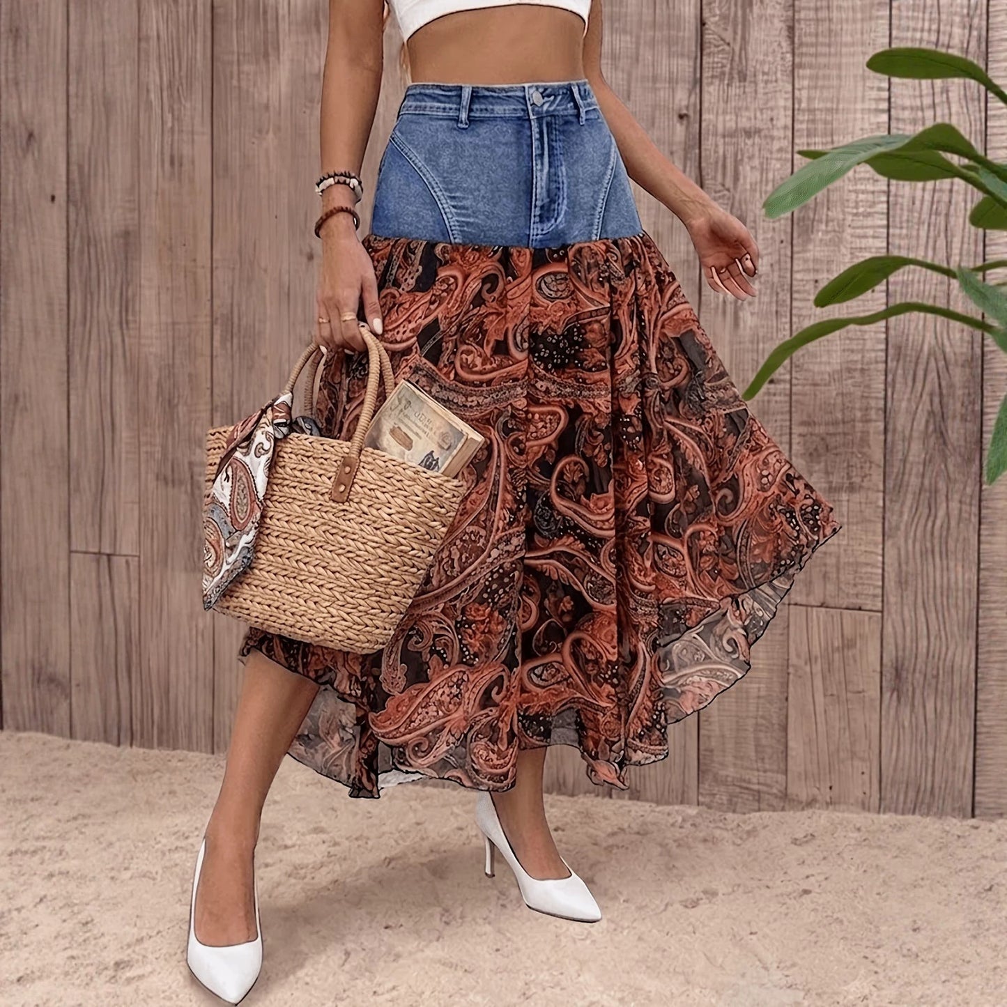 Paisley Chiffon Maxi Skirt Denim Yoke Asymmetrical Hem