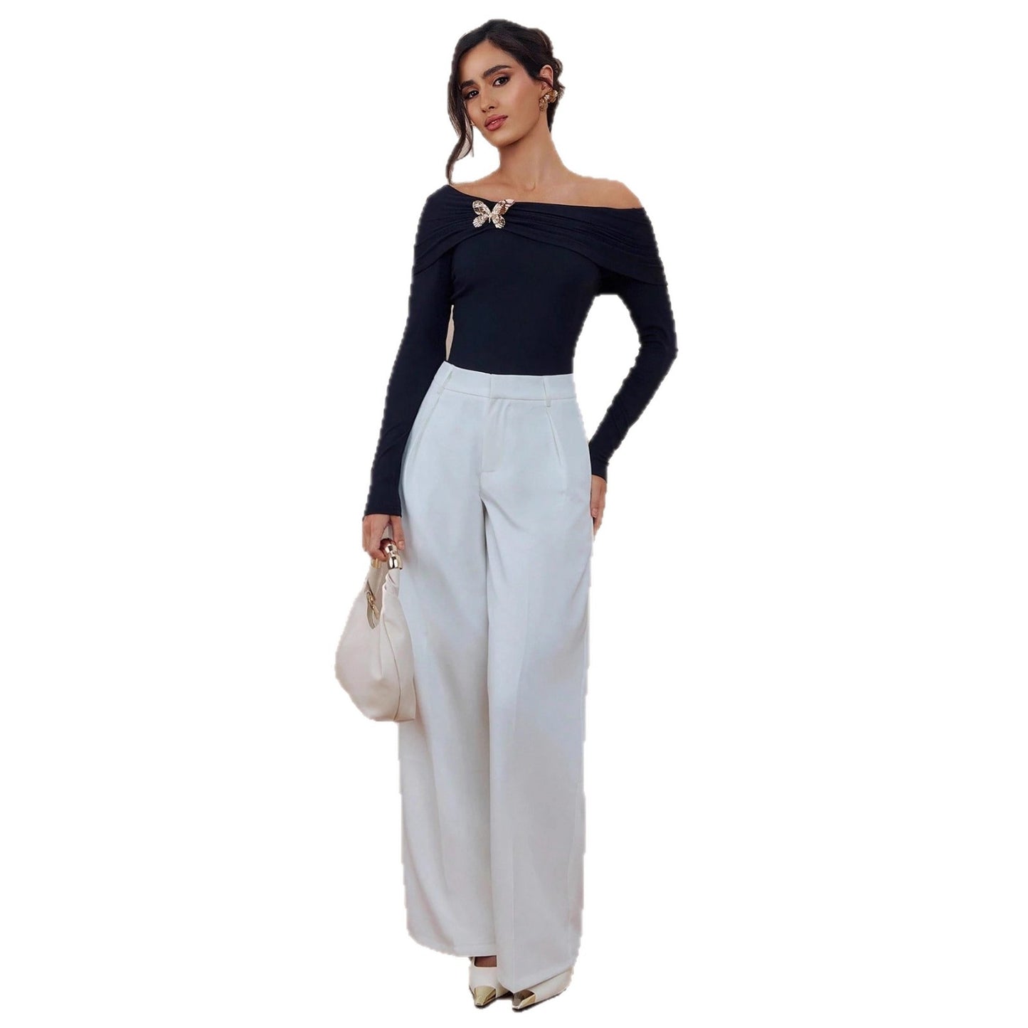 Black Off Shoulder Butterfly Brooch Long Sleeve Top