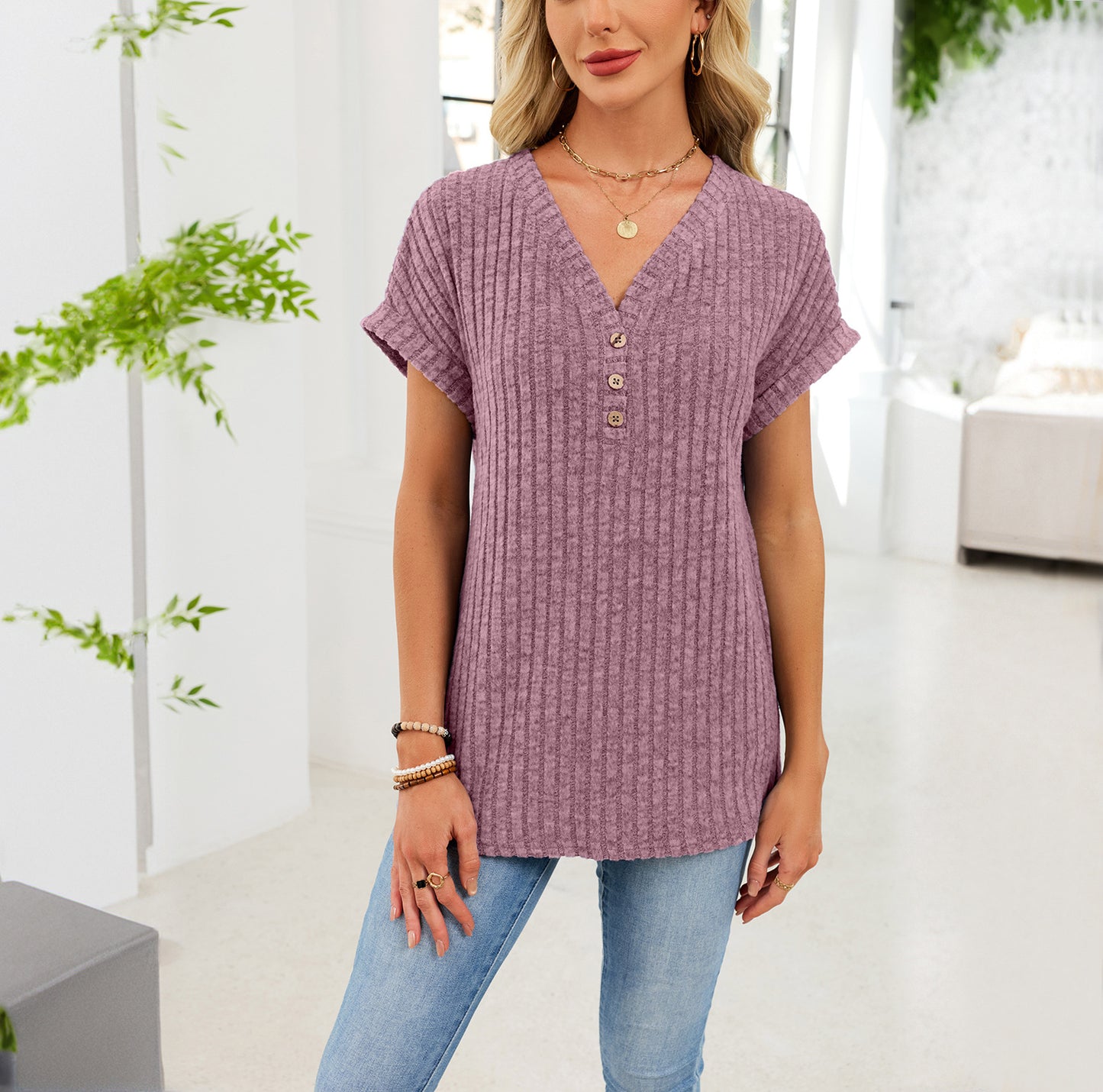 Solid Ribbed Knit Top V Neck Casual Short Sleeve