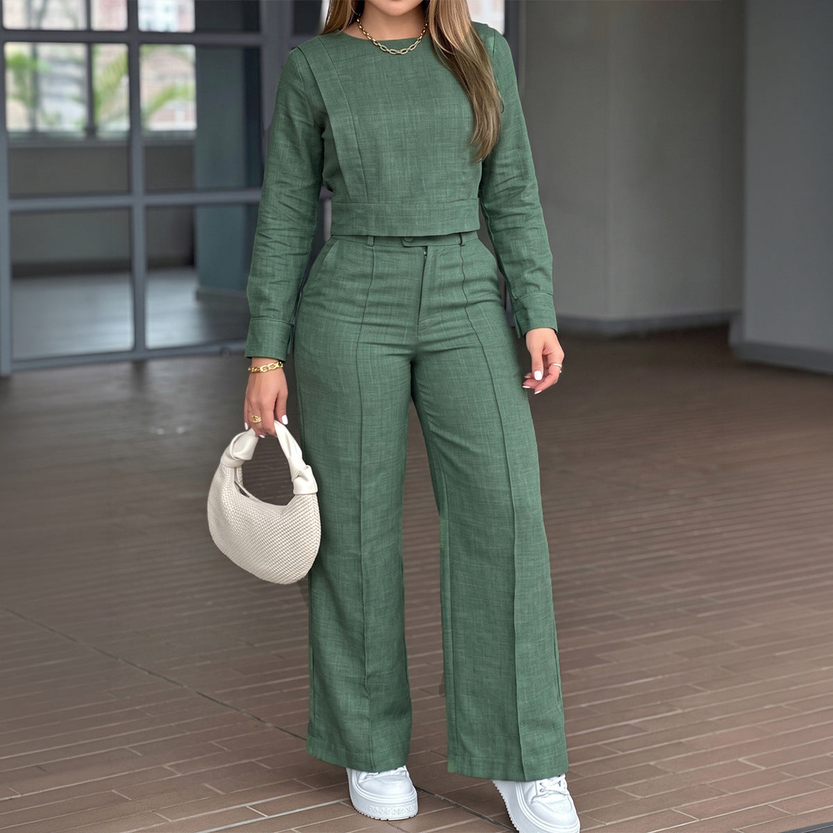 Women's Green 2 Piece Crop Top Wide Leg Pants Set
