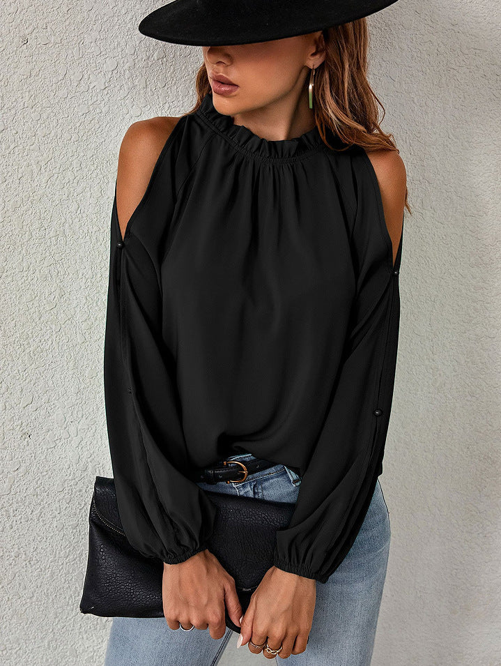 Women’s Ruffle Mock Neck Cold Shoulder Long Sleeve Blouse