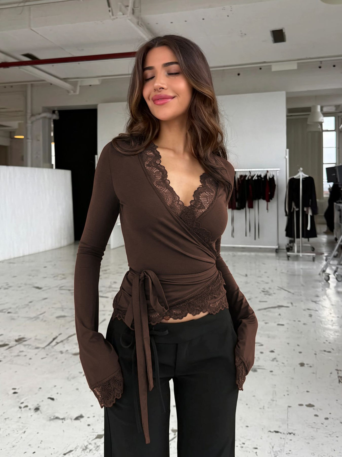 Women's Sexy Lace V Neck Wrap Top Flare Long Sleeve