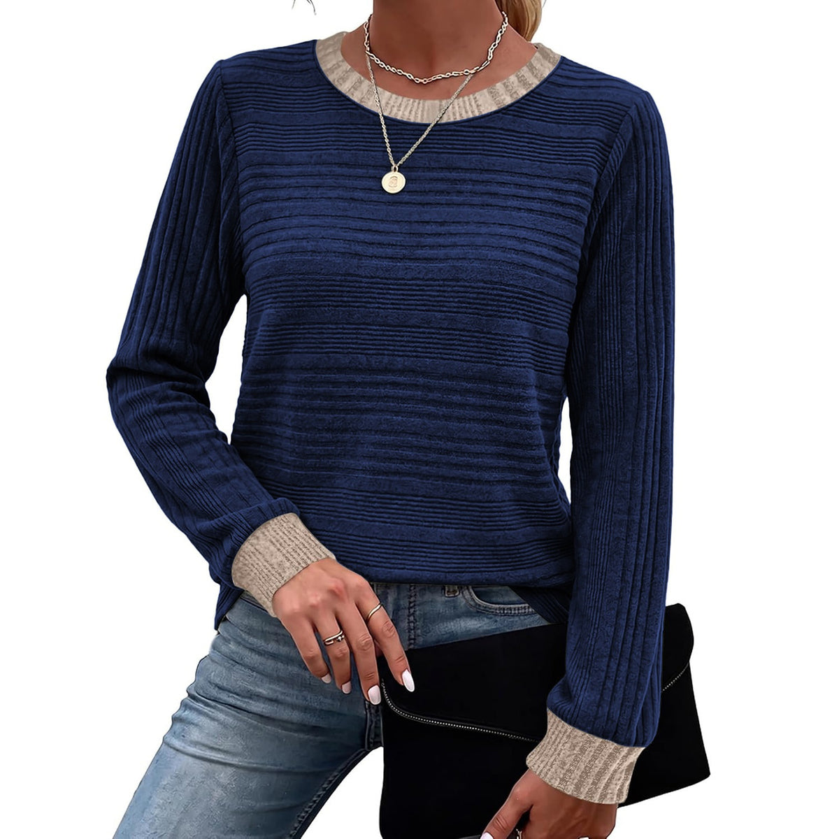 Women's Color Block Ribbed Long Sleeve Loose Casual Top