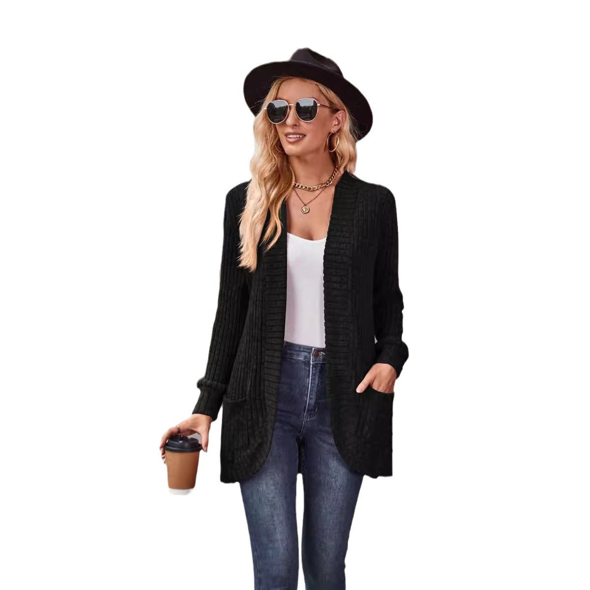 Women's Ribbed Knit Open Front Cardigan Long Sleeve Pockets
