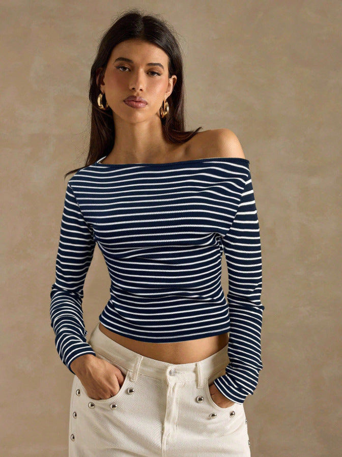 Striped Off Shoulder Long Sleeve Knit Top