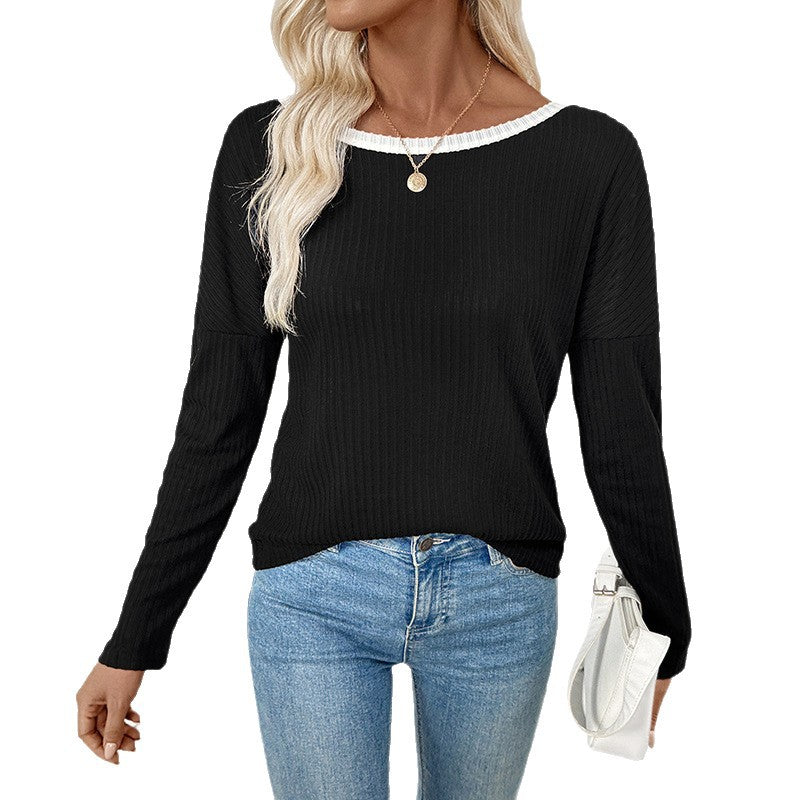 Sexy Backless Bow Tie Ribbed Long Sleeve Black Top