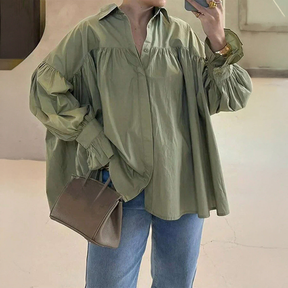 Solid Poplin Blouse Boutique Balloon Sleeve Oversized