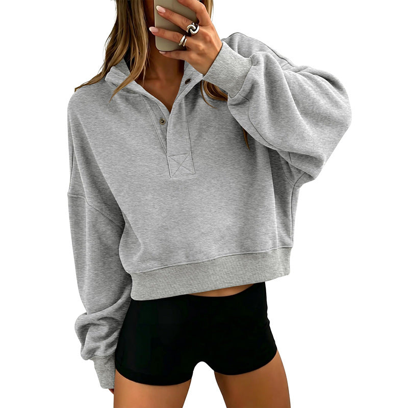 Cropped Henley Sweatshirt Collared Relaxed Fit