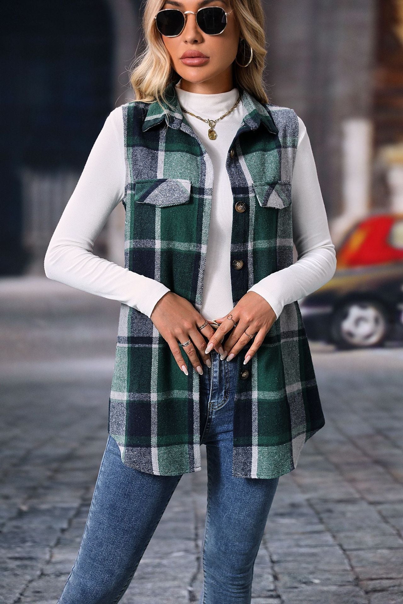 Plaid Shacket Vest with Pockets, Sleeveless Oversized