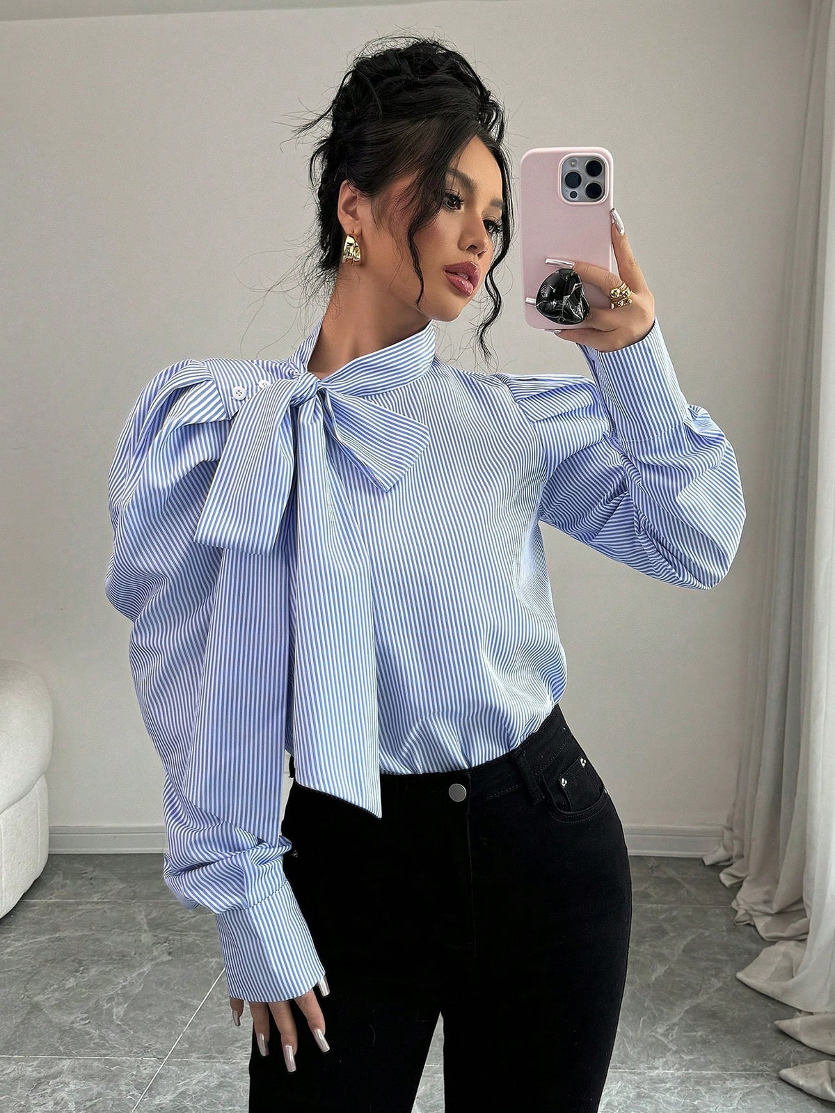 Striped Tie Neck Puff Sleeve Blouse Top