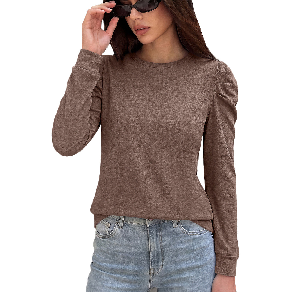 Women's Brushed Puff Sleeve Crew Neck Long Sleeve Top