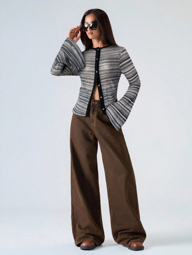 Striped Flare Sleeve Fitted Mock Neck Cardigan