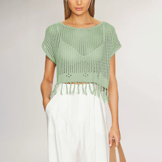 Summer Tassel Knit Top Women’s Beachwear Loose Pullover