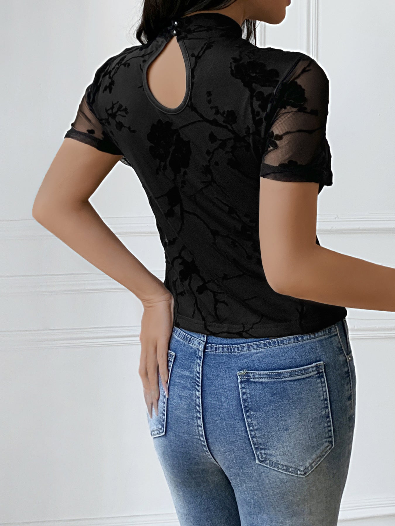 Sheer Mesh Cutout Top Floral Flocked Slim Fit Blouse