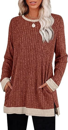 Color Block Ribbed Tunic Top Long Sleeve Pocket Side Slit