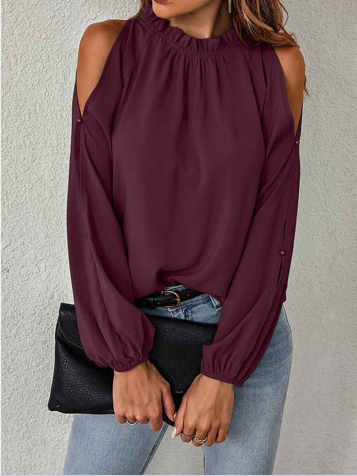 Women’s Ruffle Mock Neck Cold Shoulder Long Sleeve Blouse