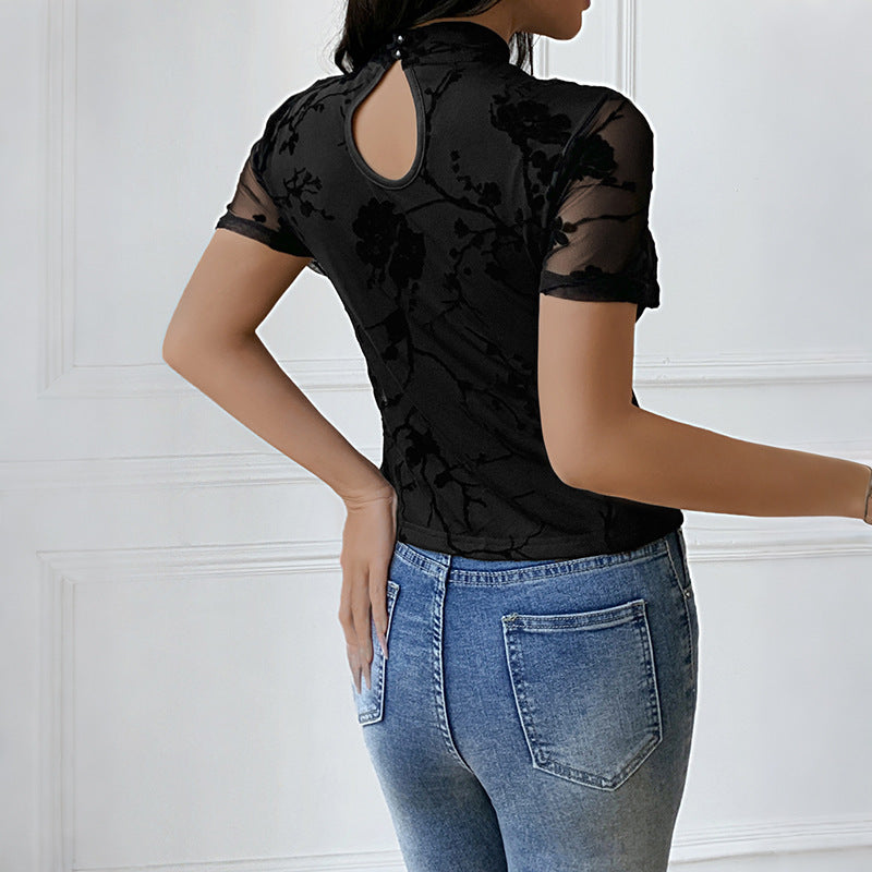 Sheer Mesh Cutout Top Floral Flocked Slim Fit Blouse