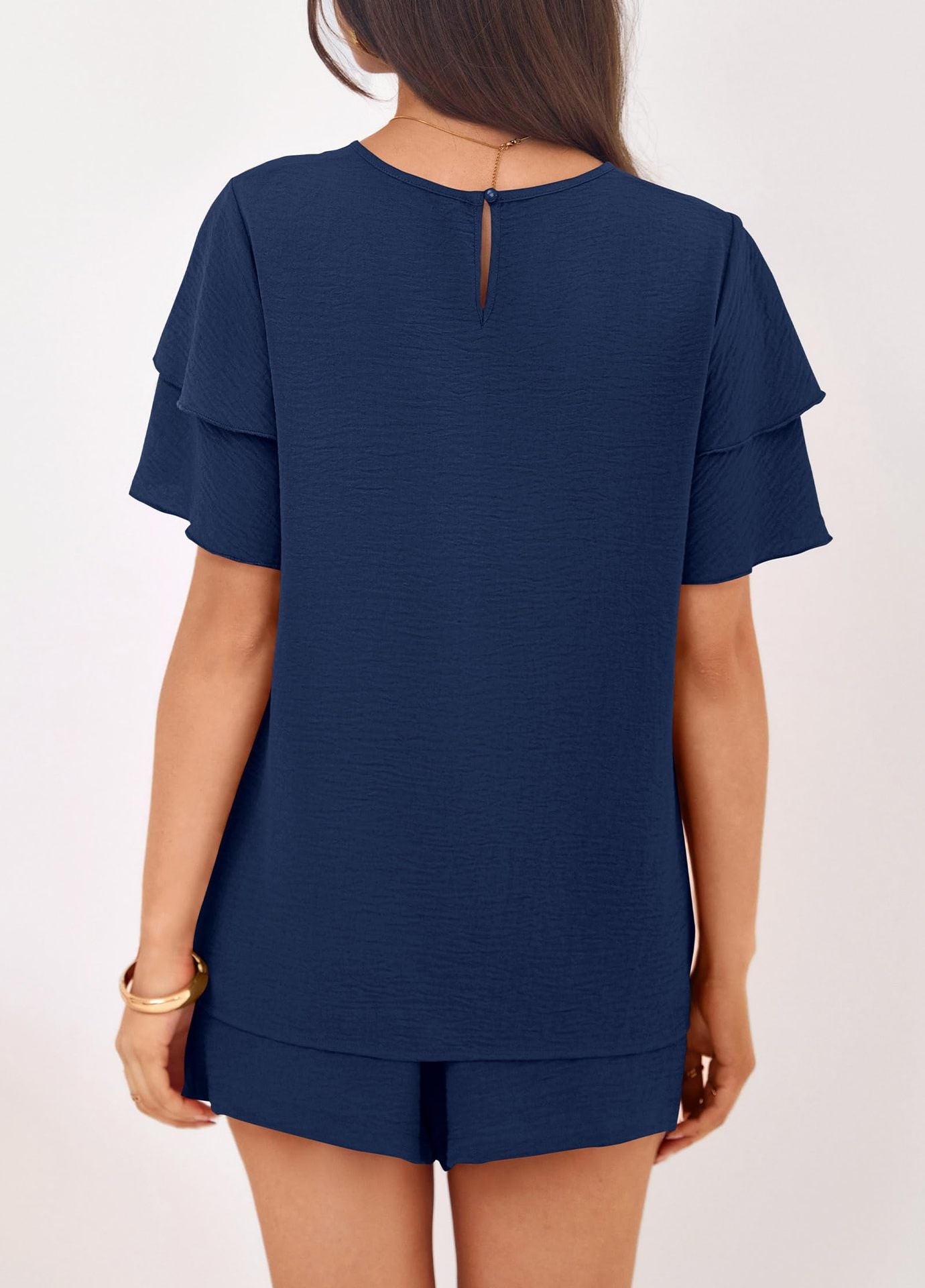 Casual Solid Ruffle Sleeve Short Set Lounge Outfit