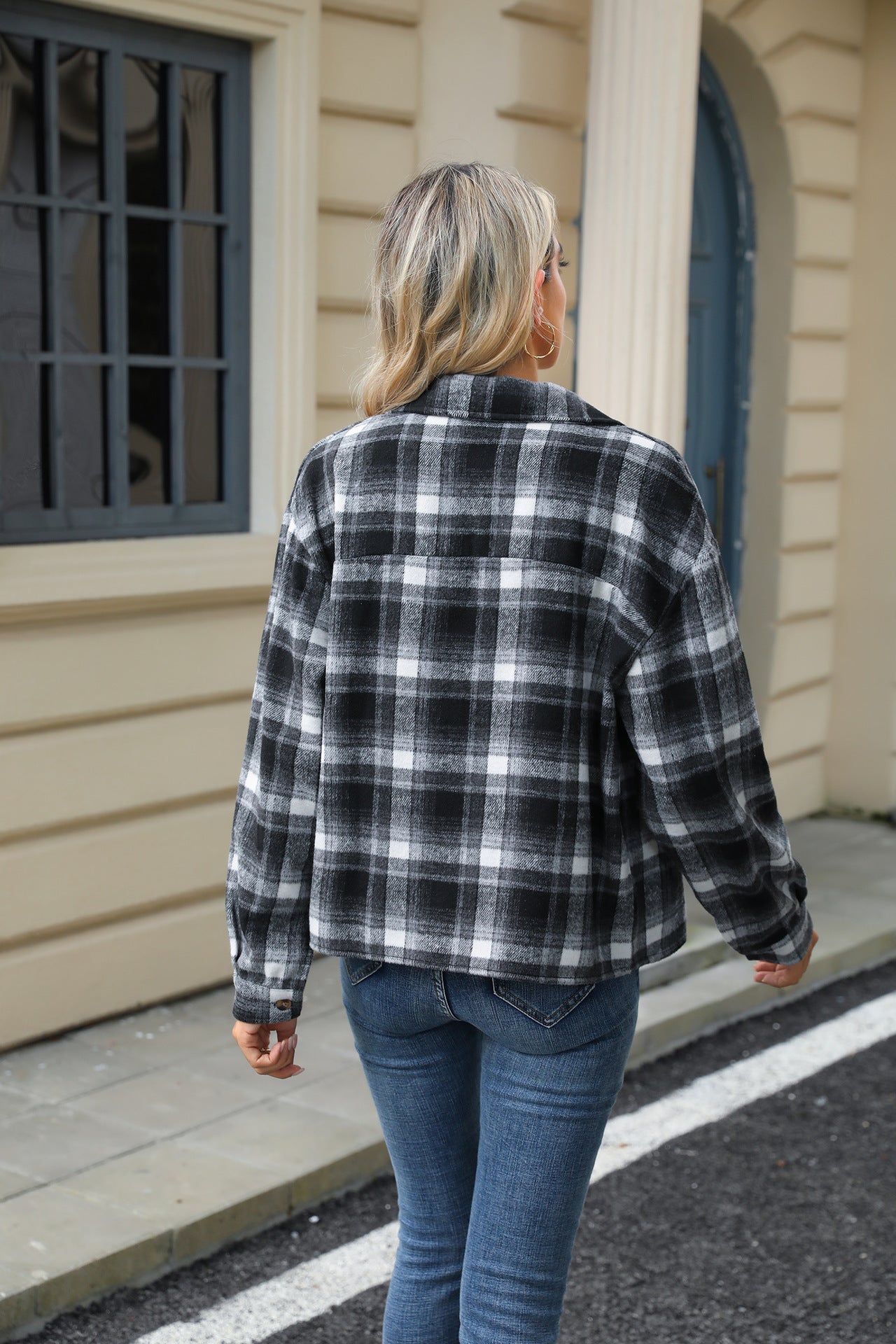 Long Sleeve Loose Pocket Plaid Top Wool Jacket