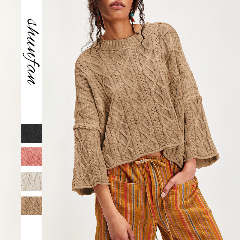 Cropped Cable Knit Sweater | 7/8 Bell Sleeve Pullover Women