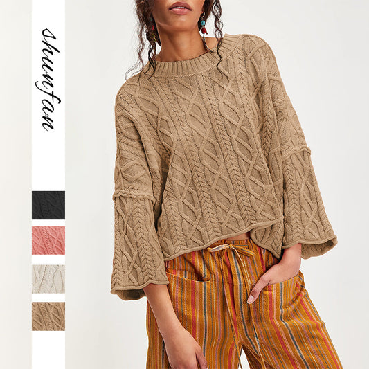 Cropped Cable Knit Sweater | 7/8 Bell Sleeve Pullover Women