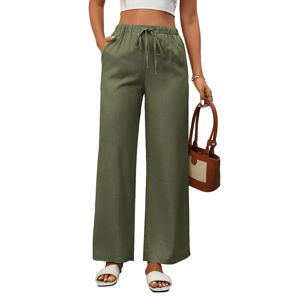 High Waist Cotton Linen Wide Leg Pants with Pockets