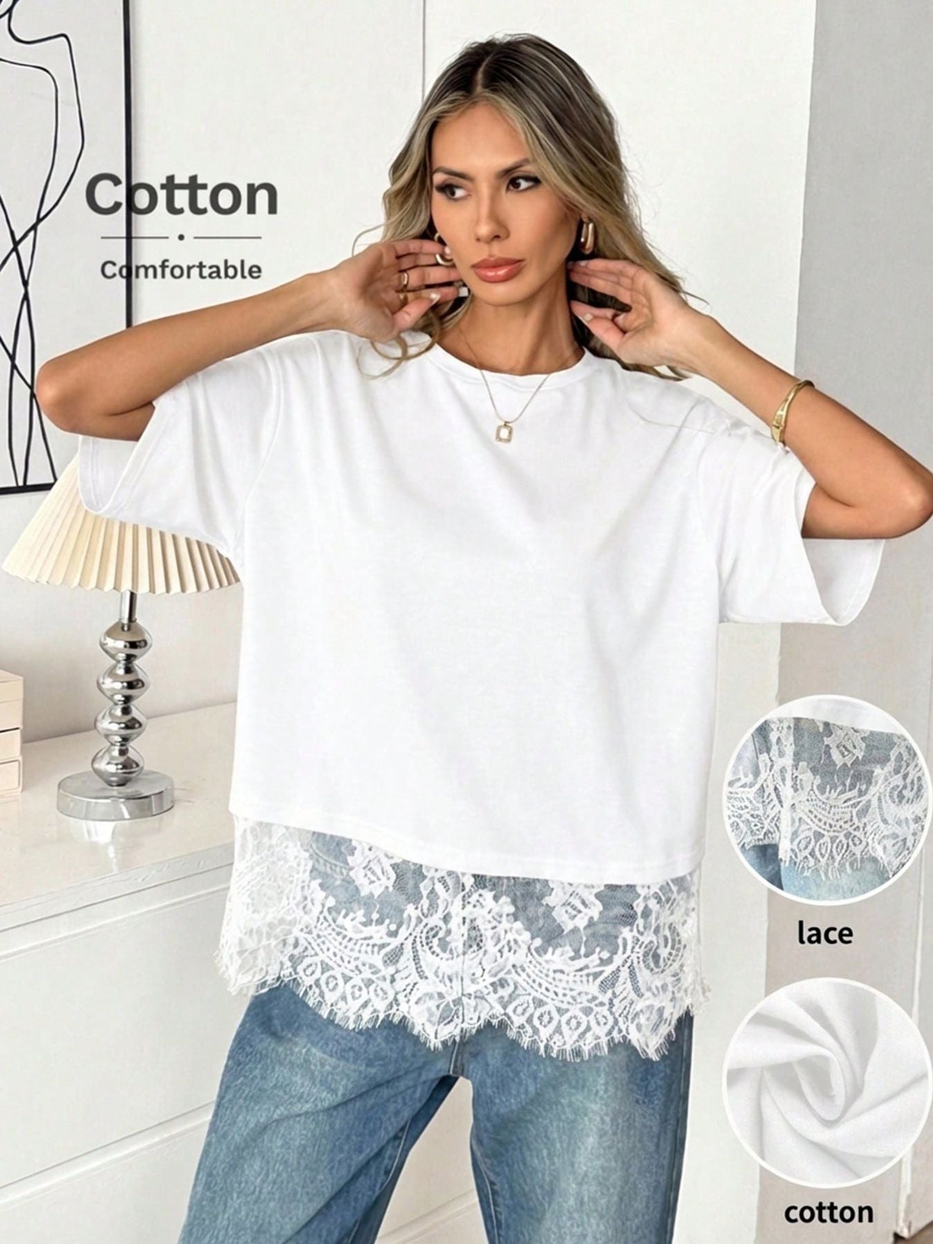 Women Lace Hem Loose Short Sleeve T Shirt