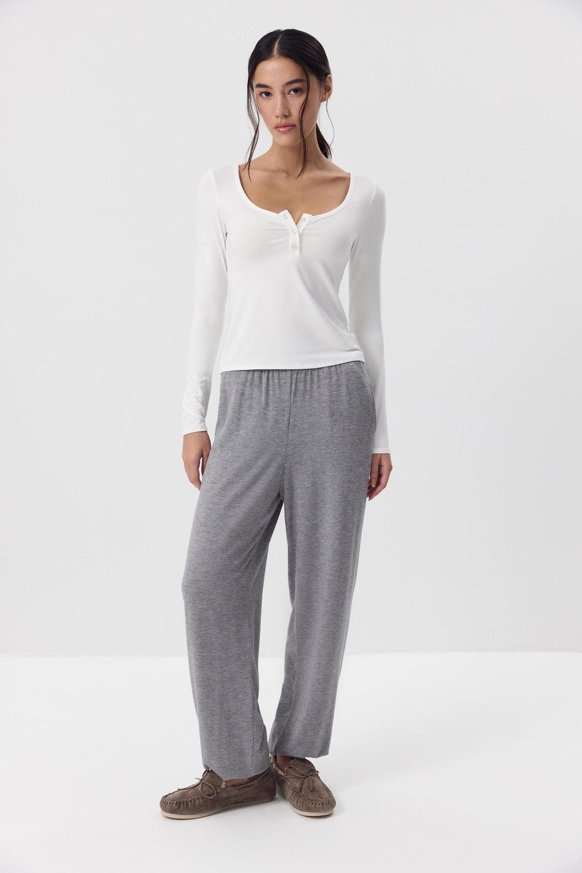 Women's Soft Modal Long Sleeve U-Neck Button Fitted Top