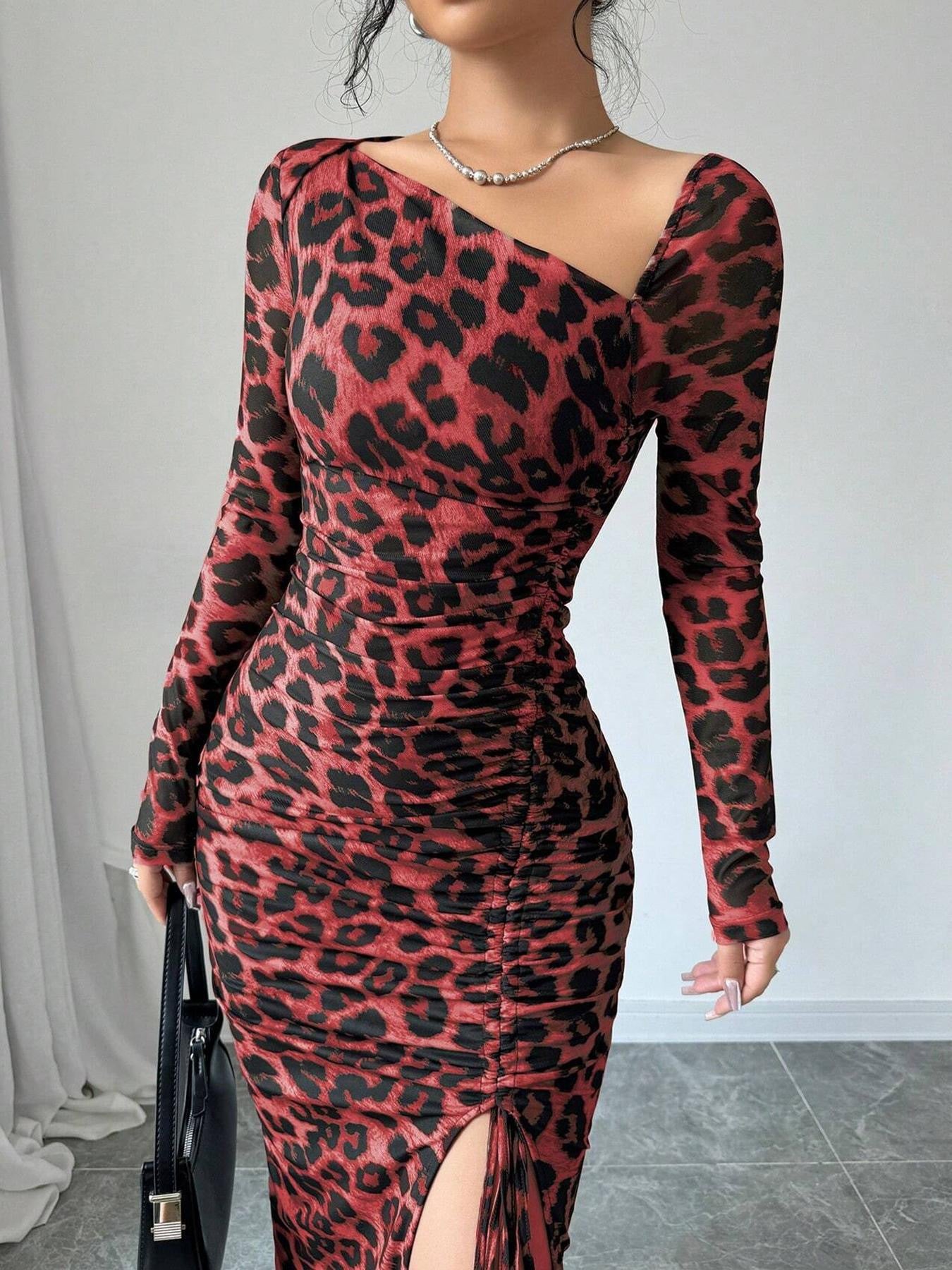 Women’s Leopard Print Bodycon Midi Dress Long Sleeve Ruched