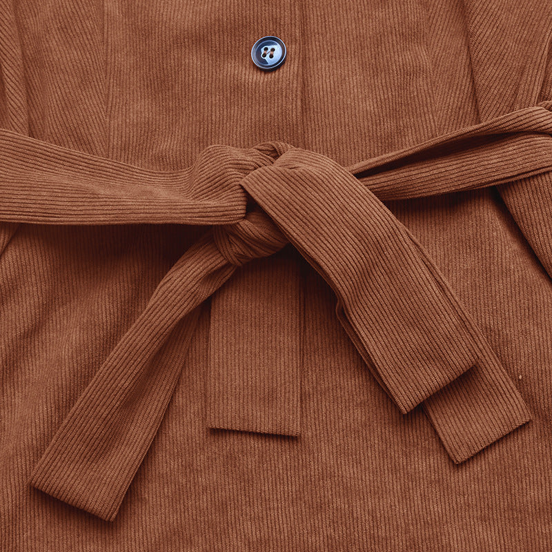 Corduroy V Neck Midi Dress Belted Waist Long Sleeve