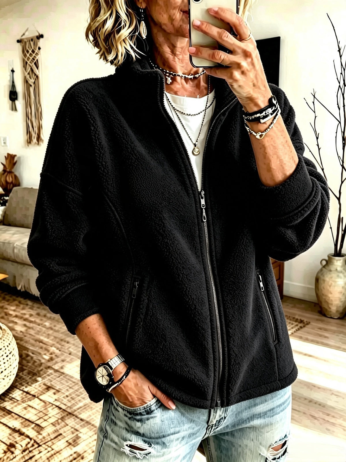 Women's Oversized Sherpa Fleece Zip Up Jacket