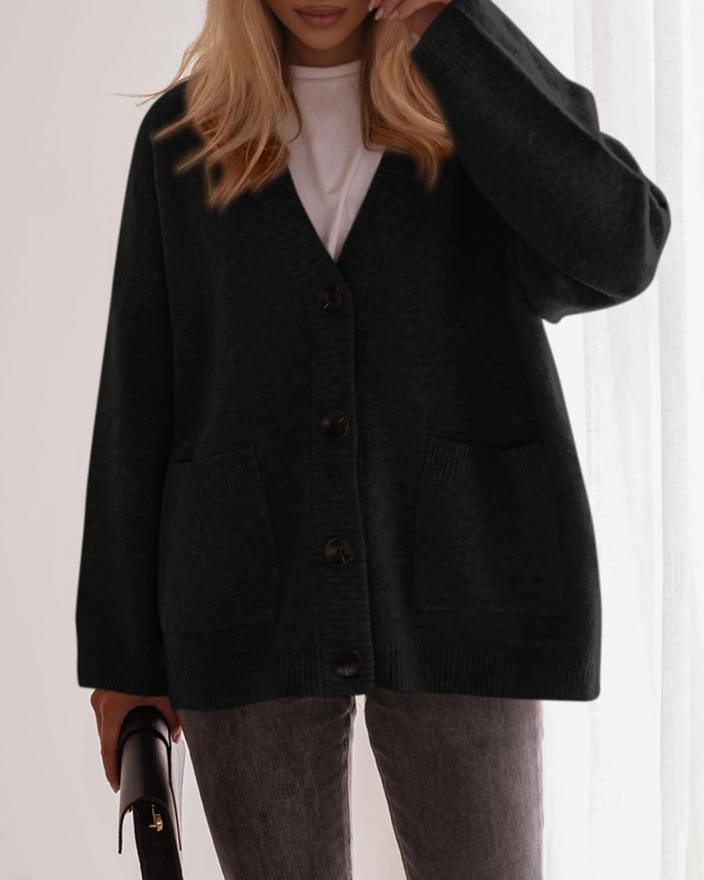 Solid Knit Cardigan Casual Oversized Pocket Button-Up