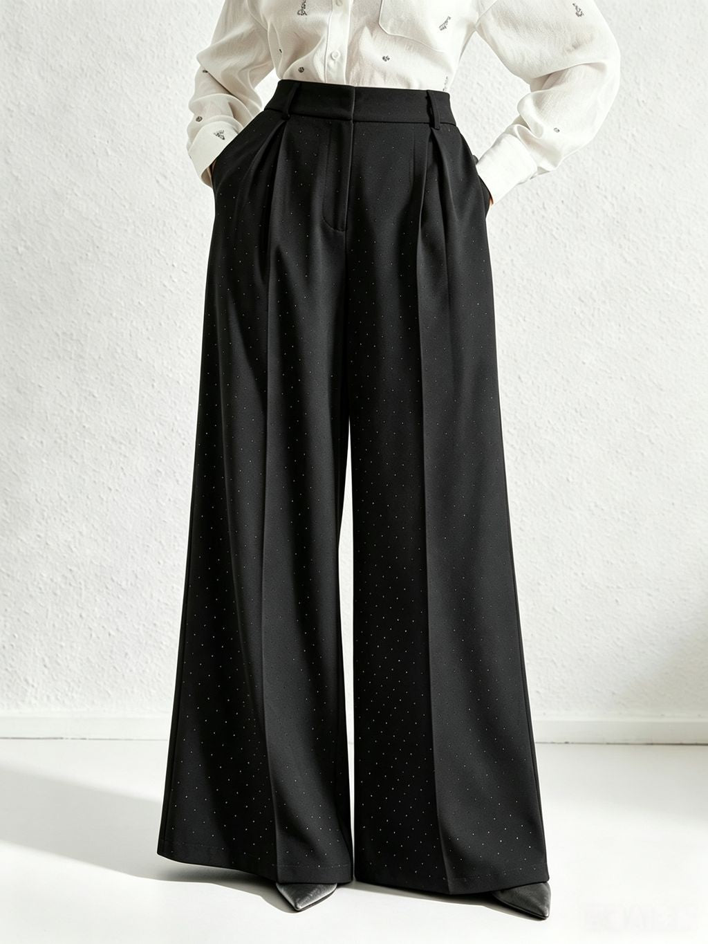 Rhinestone High Waist Pleated Wide Leg Dress Pants