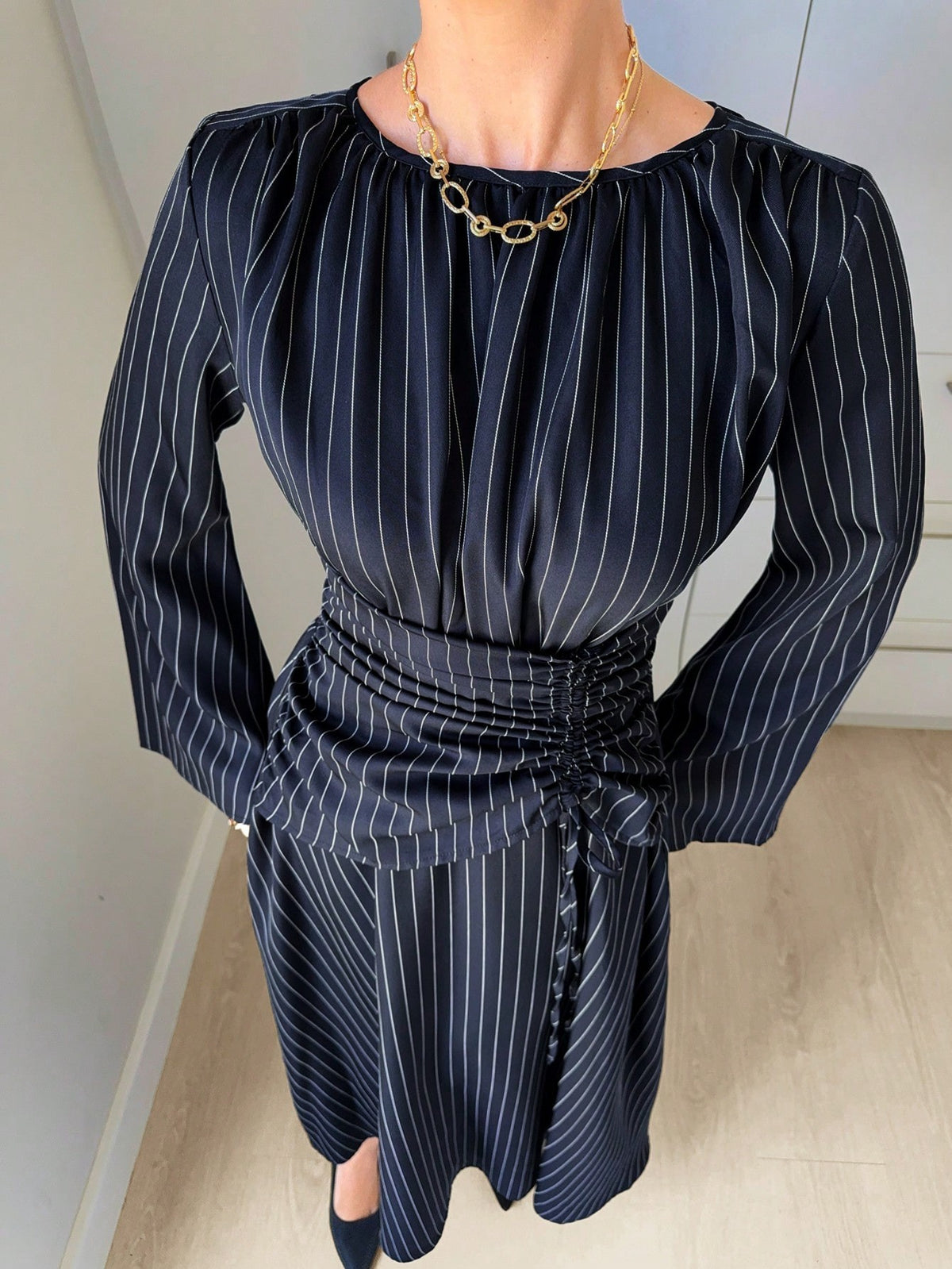 Women's Long Sleeve Tie Waist Ruched Midi Dress