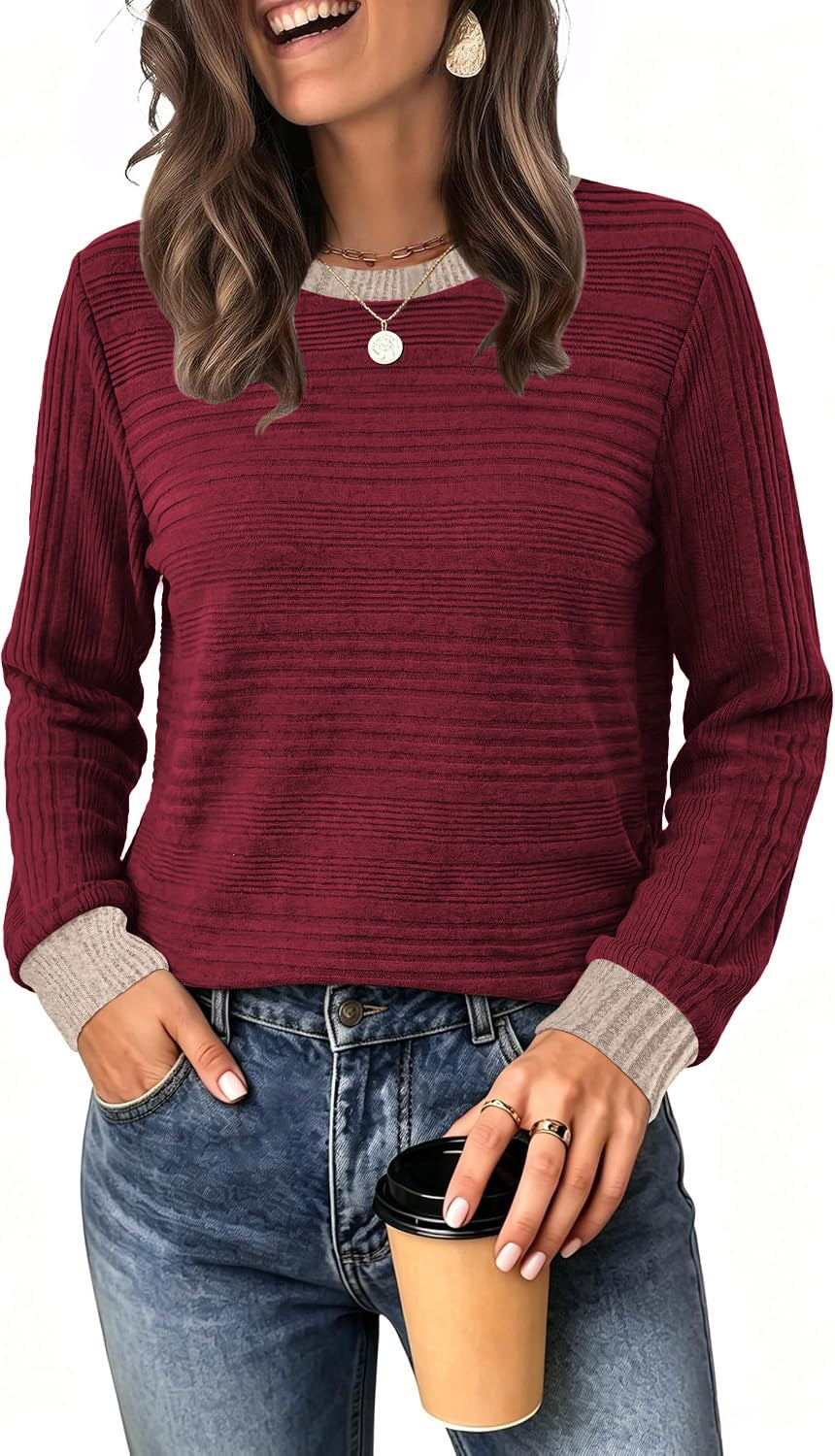 Women's Color Block Ribbed Long Sleeve Loose Casual Top