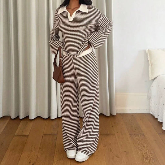 Women's Knit Stripe Loungewear Set Long Sleeve Top Pants