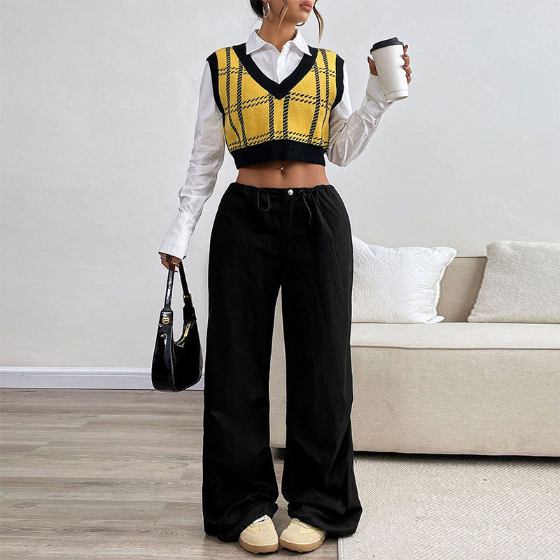 Plaid V Neck Knit Sweater Vest Women Casual Layering Top