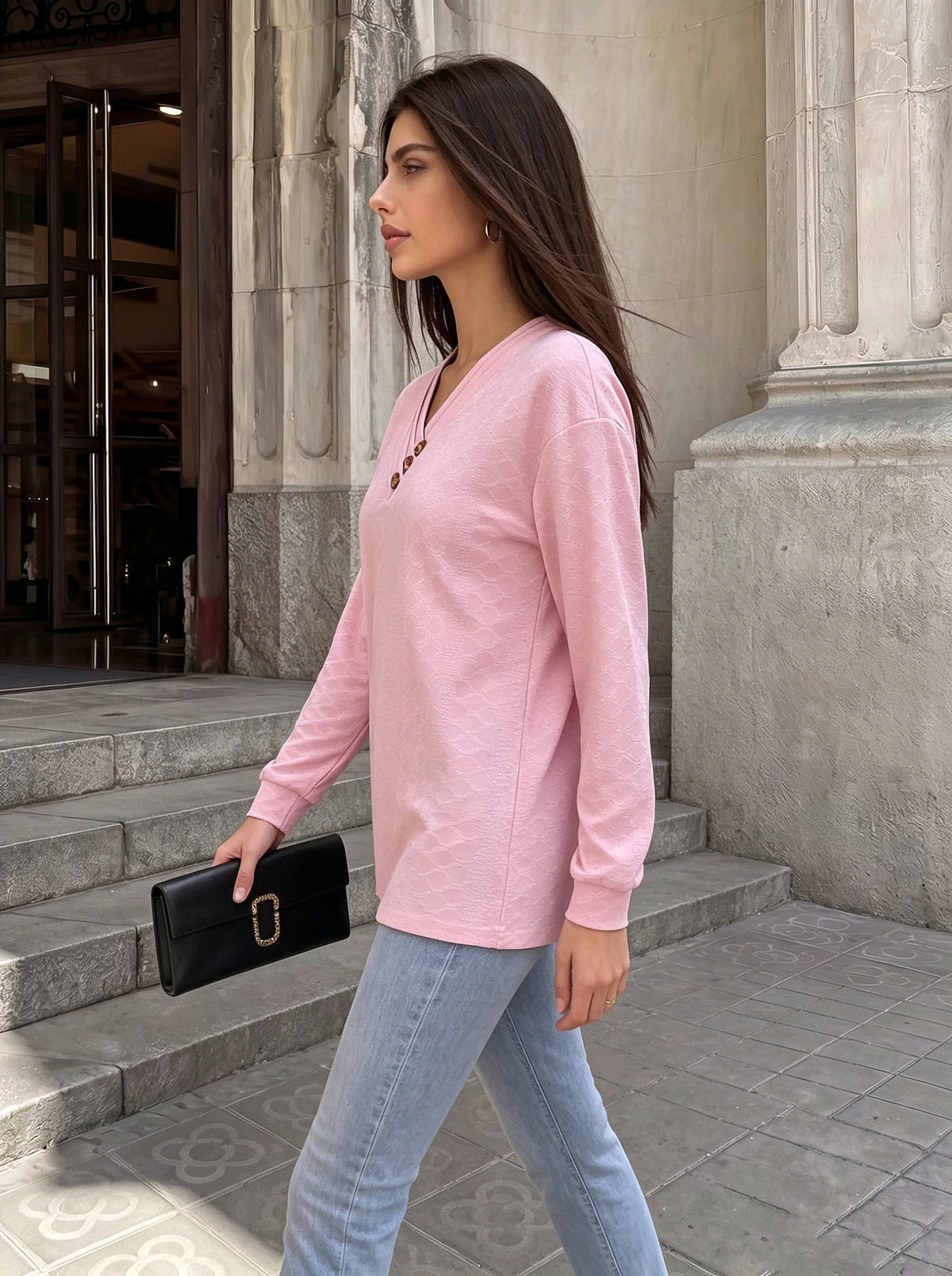 Women's V-Neck Button Detail Textured Long Sleeve Tunic Top