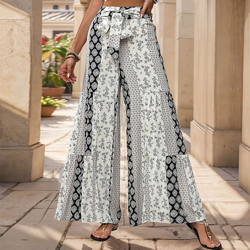 Printed Rayon Pants Boho Tie Waist Wide Leg