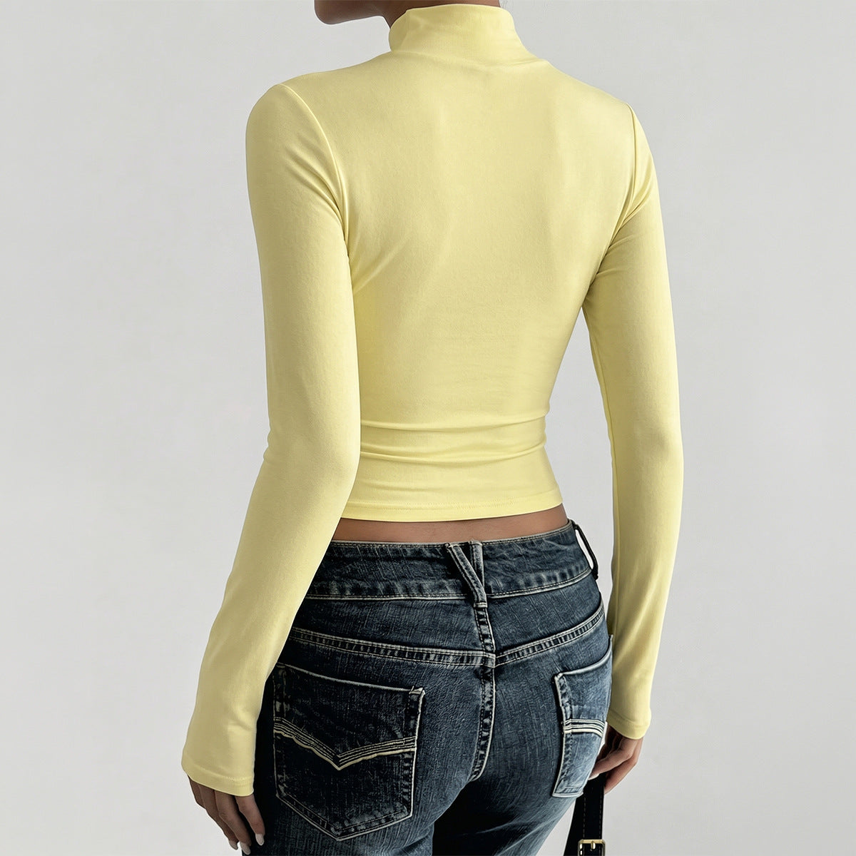 Mock Neck Long Sleeve Fitted Crop Top Soft Stretchy