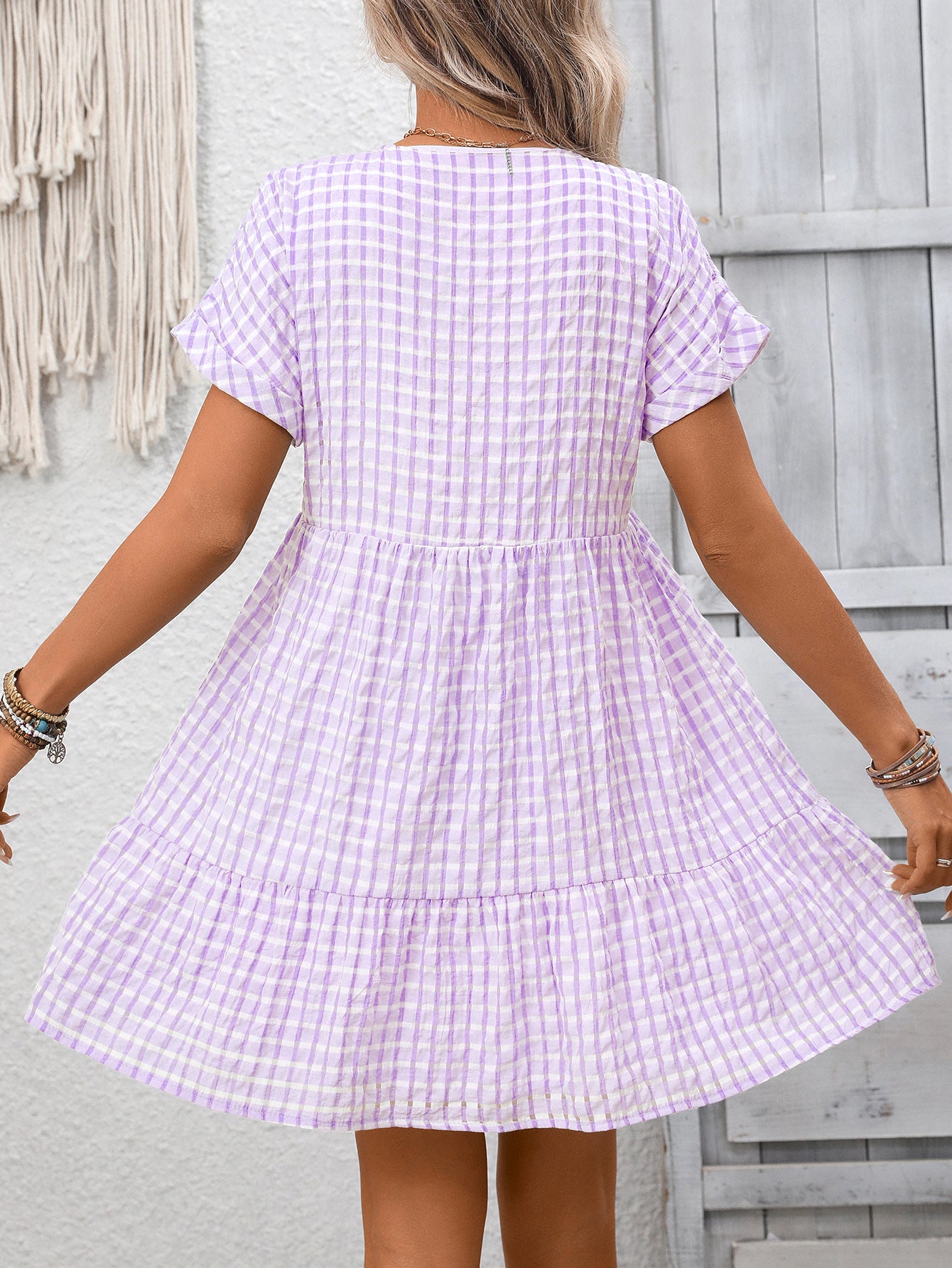 Gingham V Neck Short Sleeve Summer Dress with Ruffle Hem