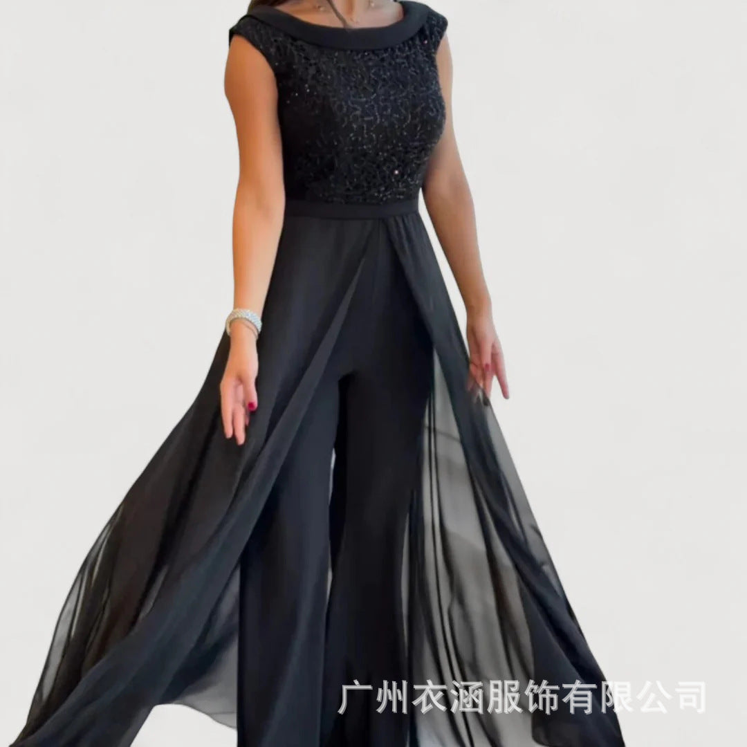 Sequin Chiffon Overlay Wide Leg Formal Jumpsuit